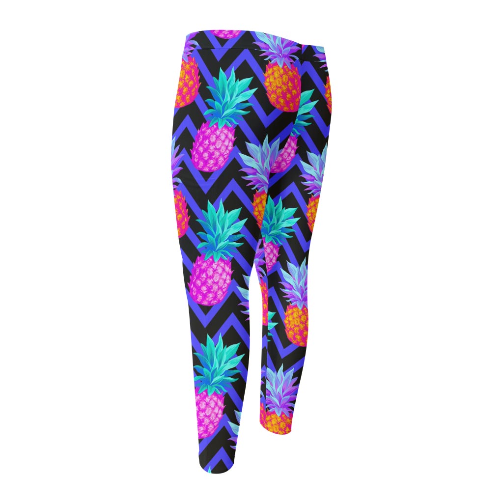 Neon EDM Zig Zag Pineapple Pattern Print Men's Compression Pants