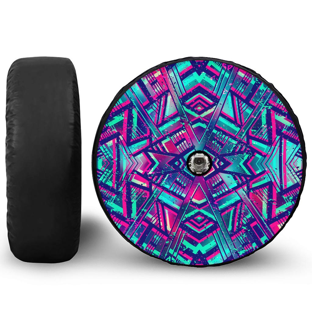Neon Ethnic Aztec Trippy Print Tire Cover With Camera Hole