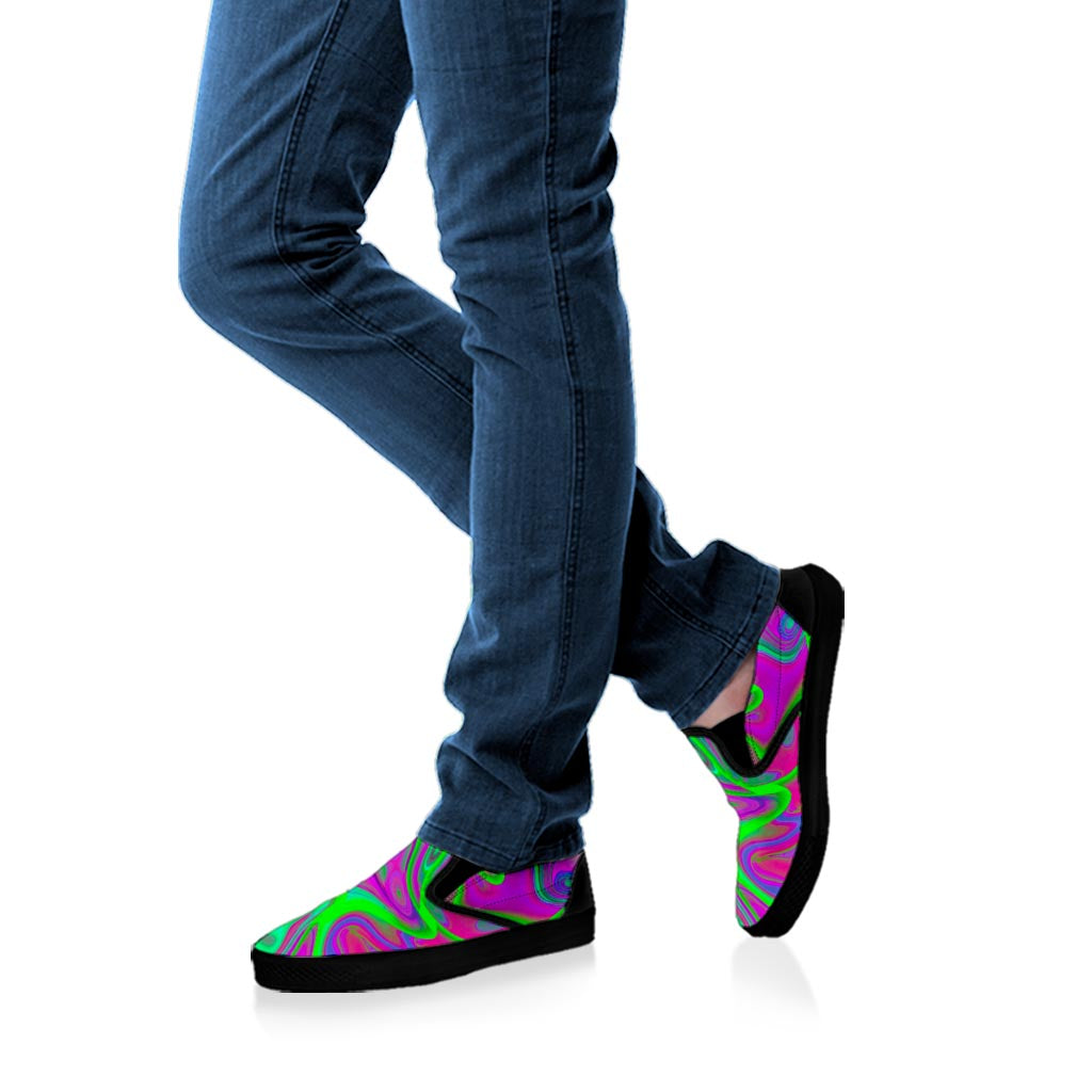 Neon Green Pink Psychedelic Trippy Print Black Slip On Sneakers