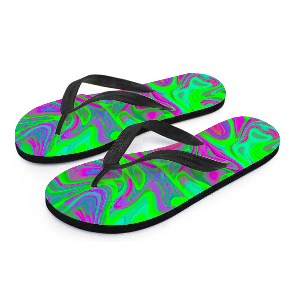 Neon Green Pink Psychedelic Trippy Print Flip Flops