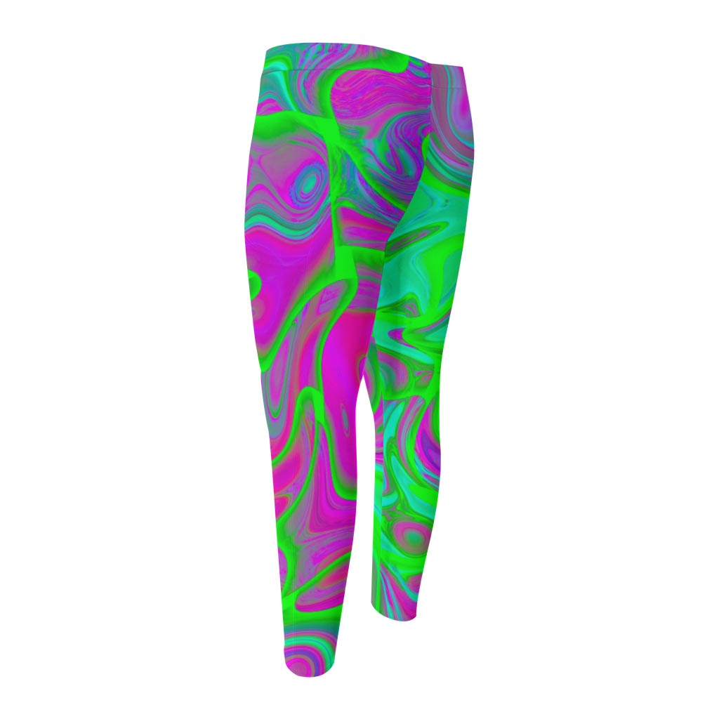 Neon Green Pink Psychedelic Trippy Print Men's Compression Pants