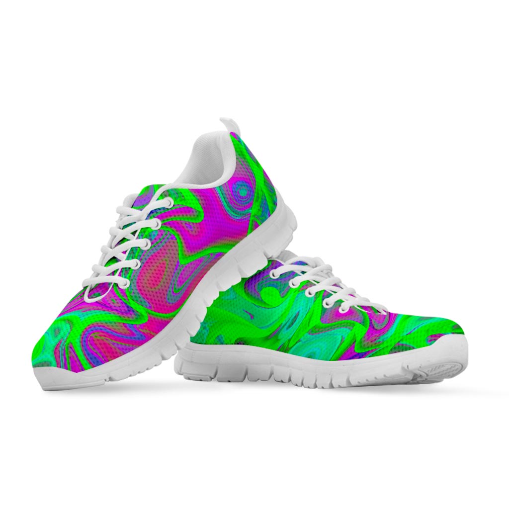 Neon Green Pink Psychedelic Trippy Print White Running Shoes