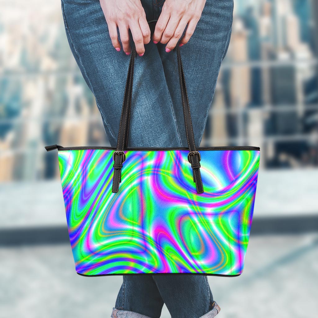 Neon Green Psychedelic Trippy Print Leather Tote Bag