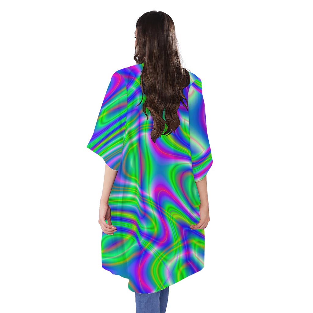 Neon Green Psychedelic Trippy Print Open Front Beach Cover Up