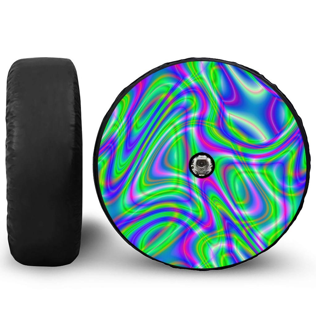 Neon Green Psychedelic Trippy Print Tire Cover With Camera Hole