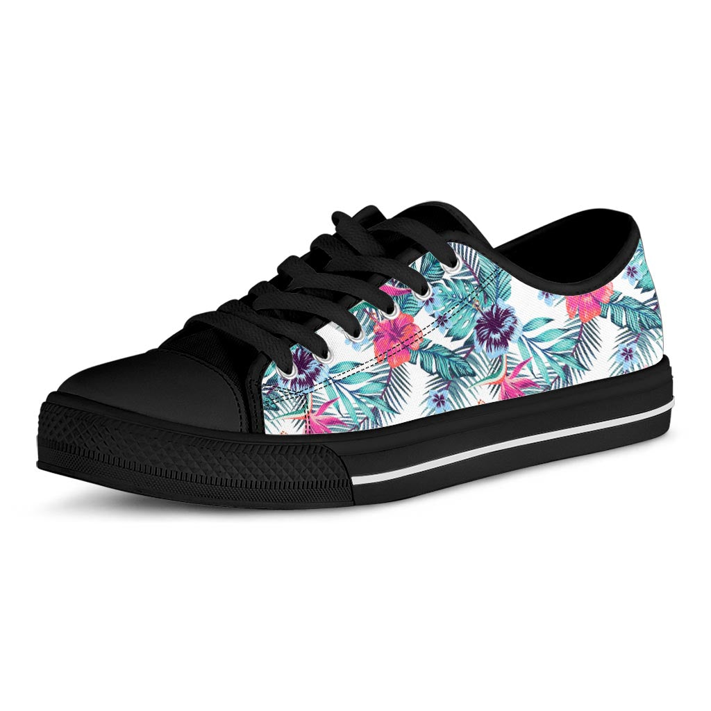 Neon Hibiscus Tropical Pattern Print Black Low Top Sneakers