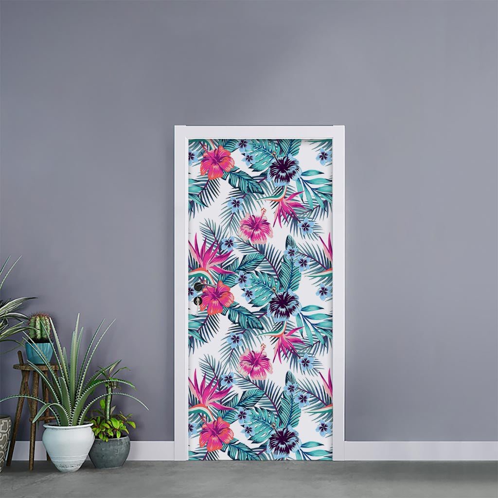 Neon Hibiscus Tropical Pattern Print Door Sticker