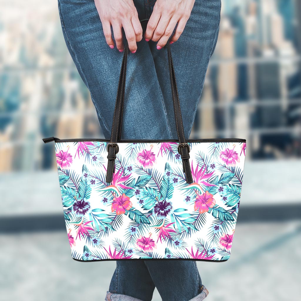 Neon Hibiscus Tropical Pattern Print Leather Tote Bag
