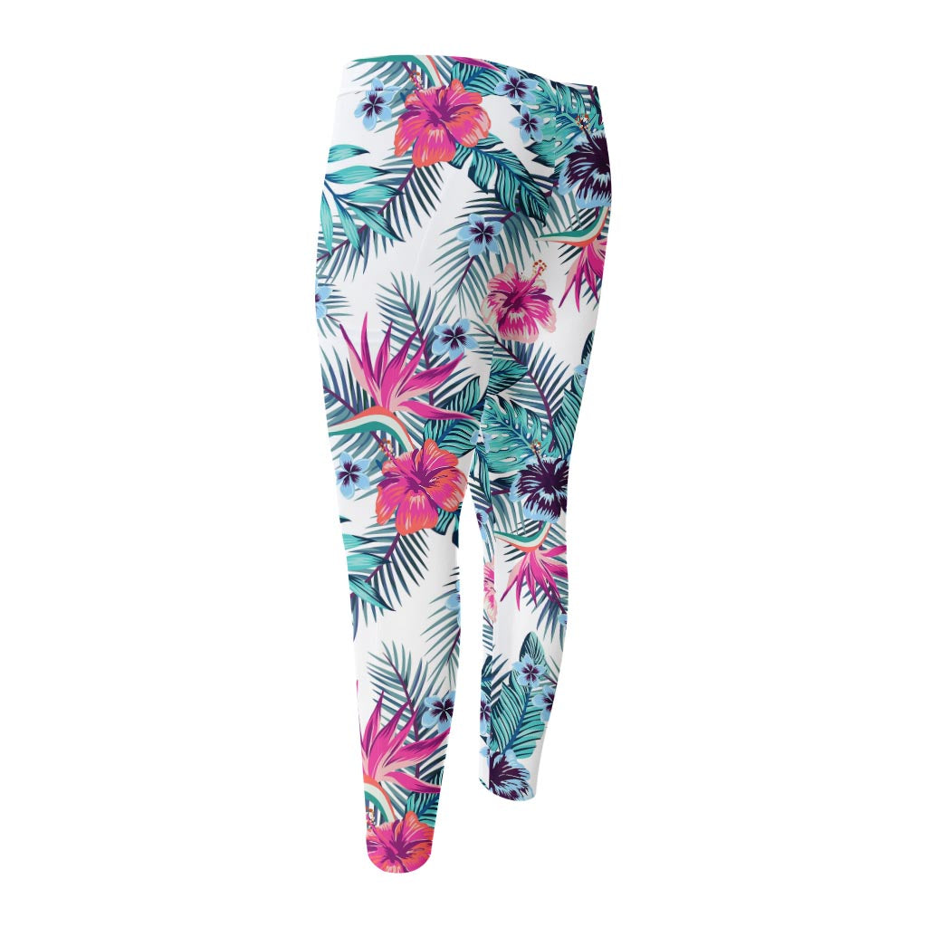 Neon Hibiscus Tropical Pattern Print Men's Compression Pants