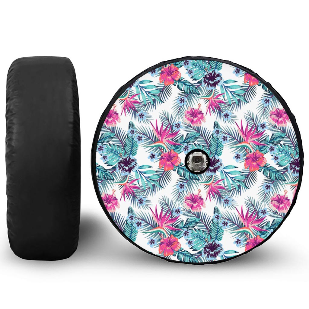 Neon Hibiscus Tropical Pattern Print Tire Cover With Camera Hole