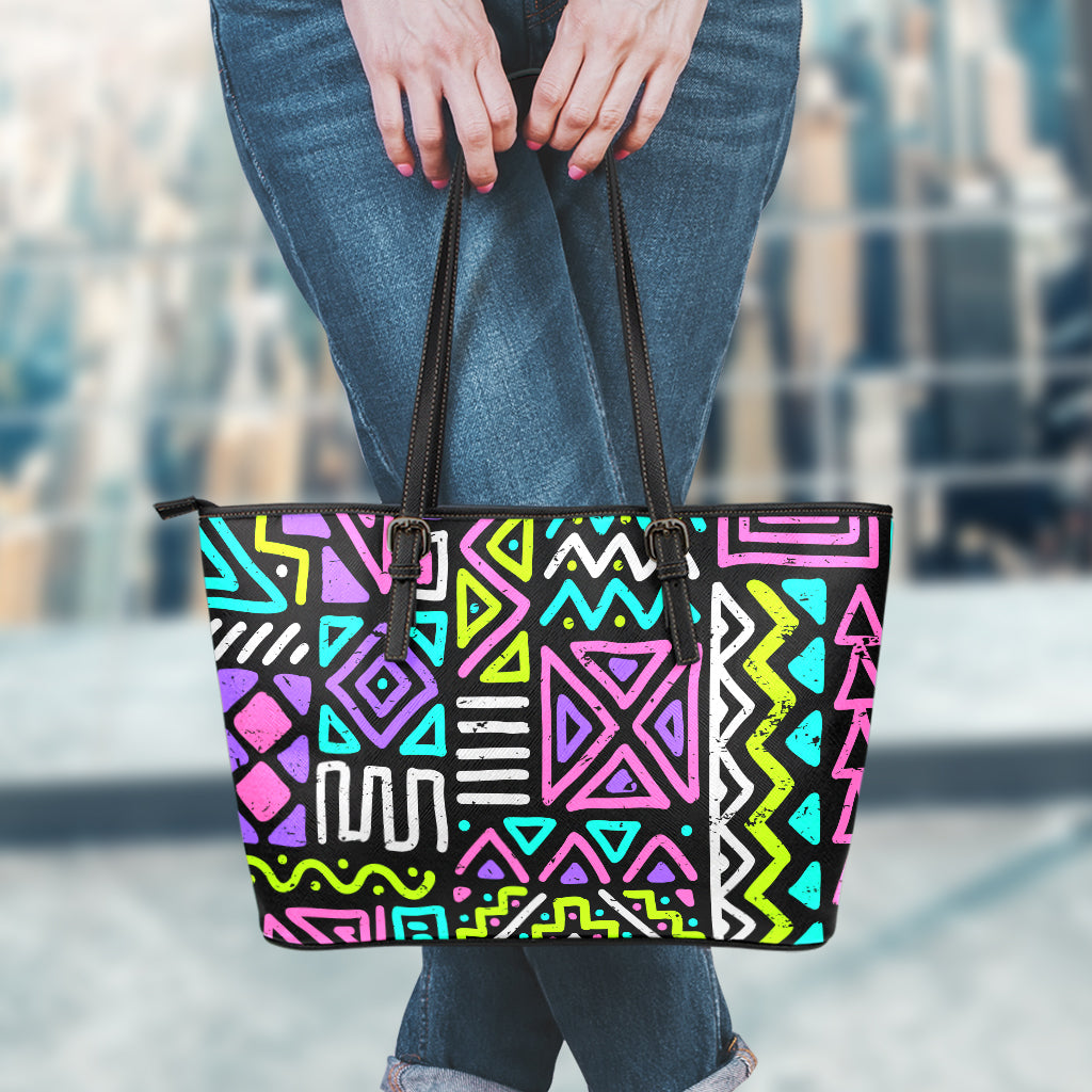 Neon Native Aztec Pattern Print Leather Tote Bag