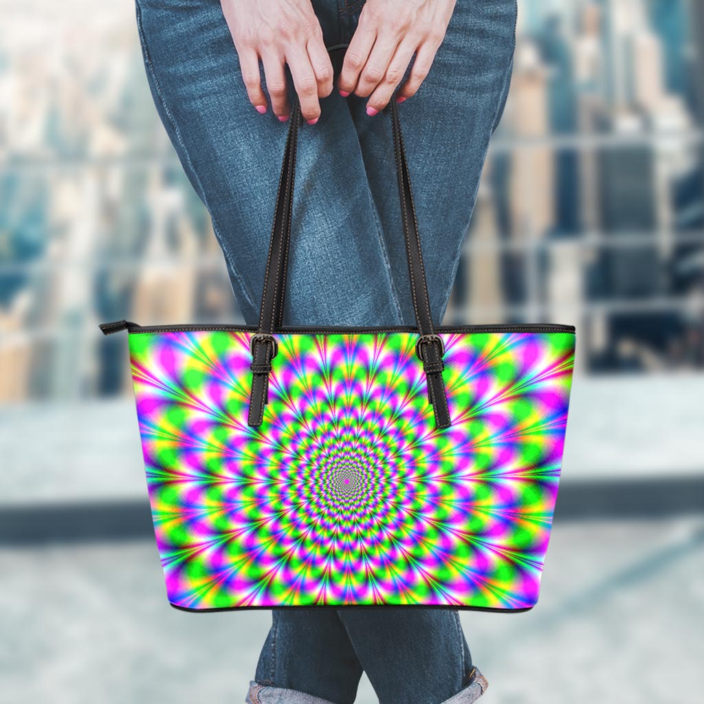 Neon Psychedelic Optical Illusion Leather Tote Bag