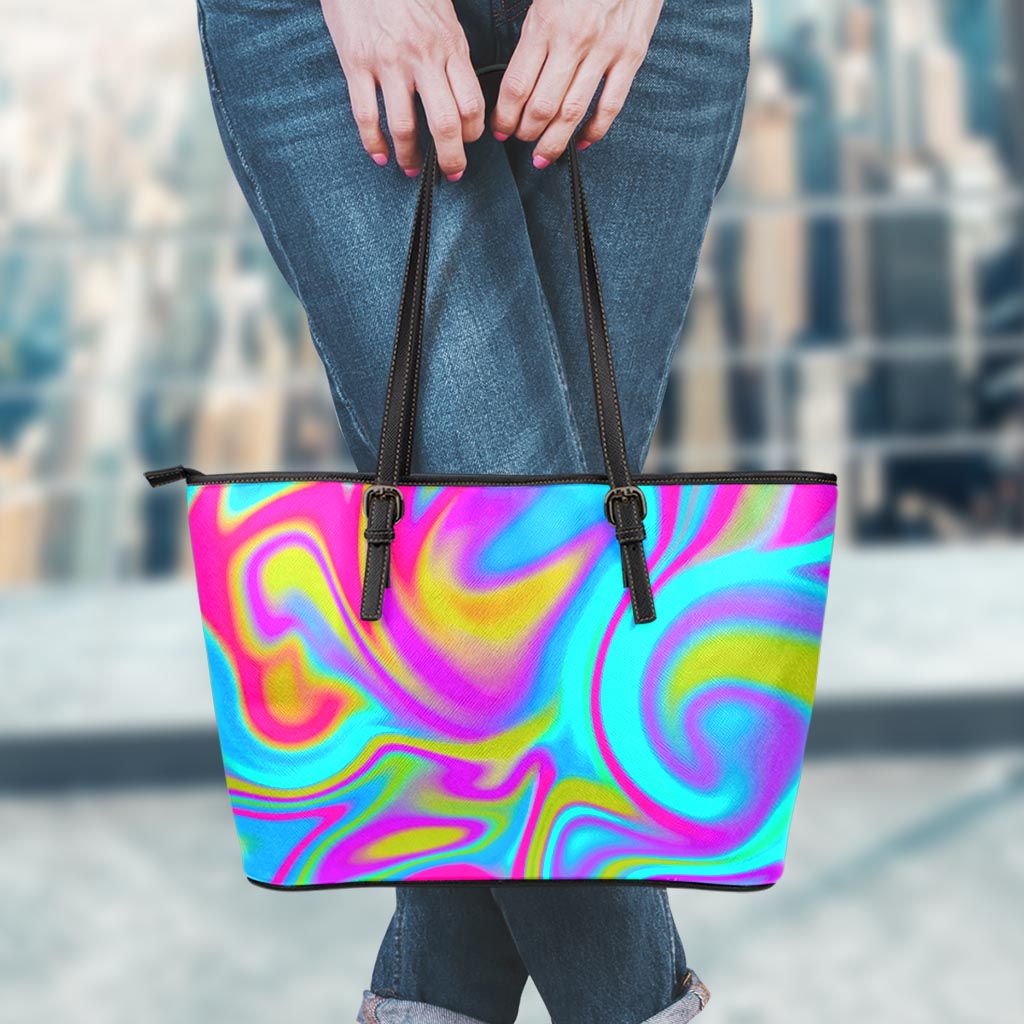 Neon Psychedelic Trippy Print Leather Tote Bag
