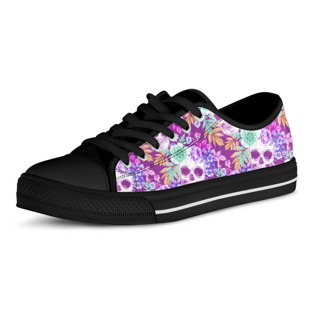 Neon Skull Floral Pattern Print Black Low Top Sneakers