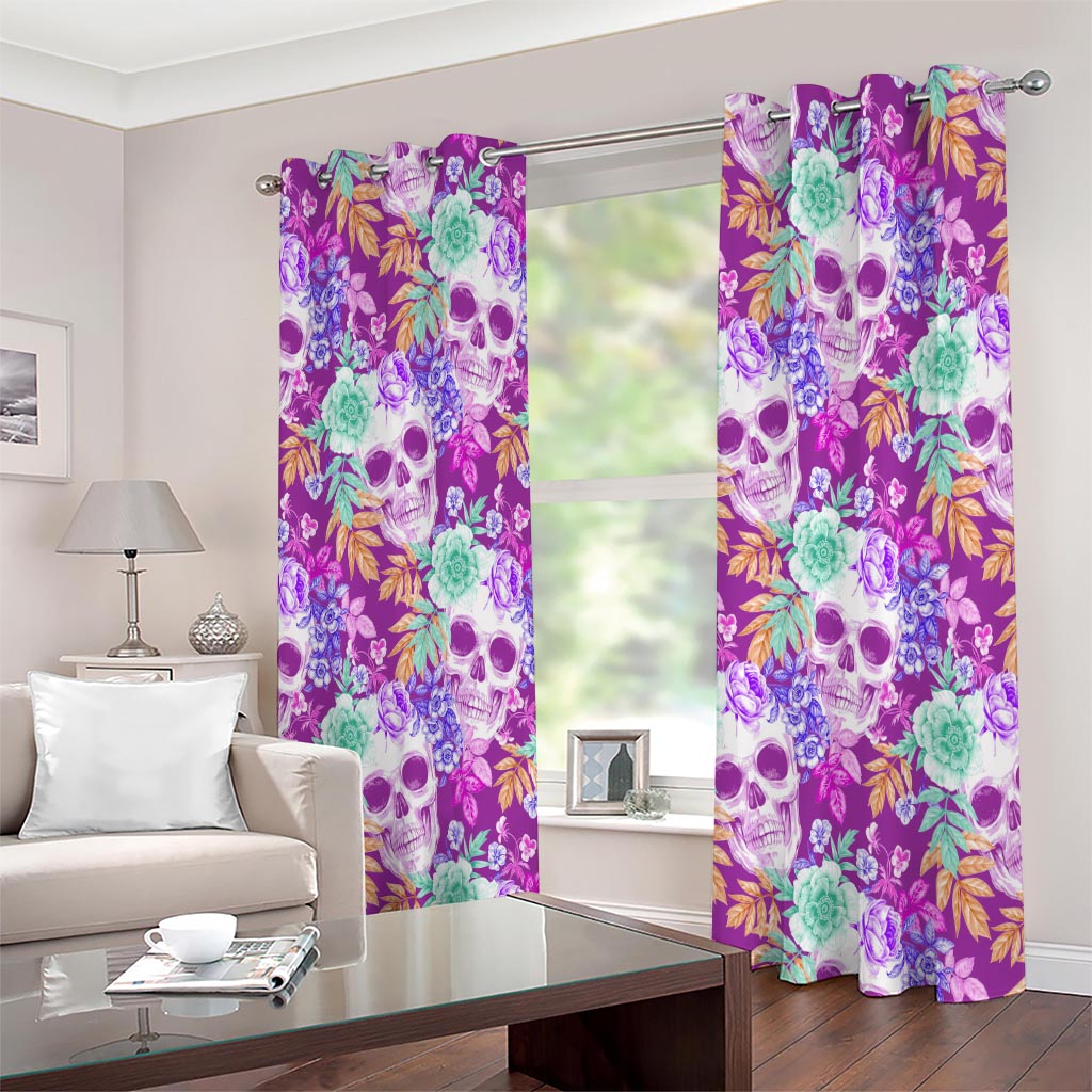 Neon Skull Floral Pattern Print Extra Wide Grommet Curtains