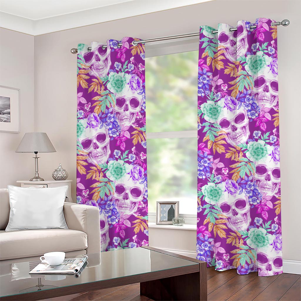 Neon Skull Floral Pattern Print Grommet Curtains