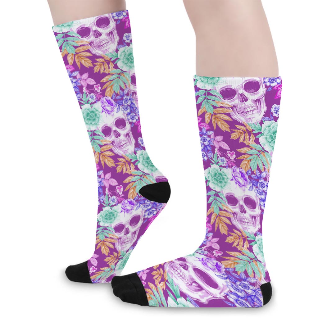 Neon Skull Floral Pattern Print Long Socks