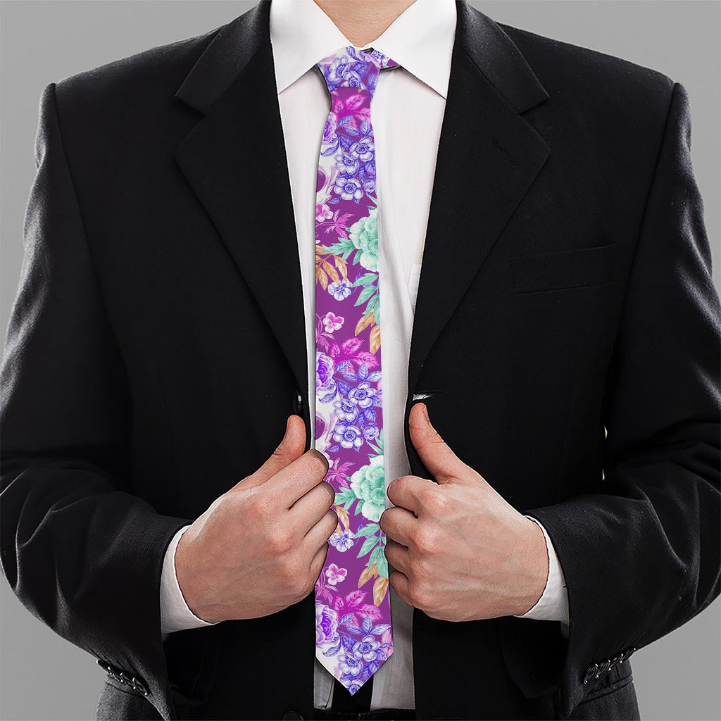 Neon Skull Floral Pattern Print Necktie