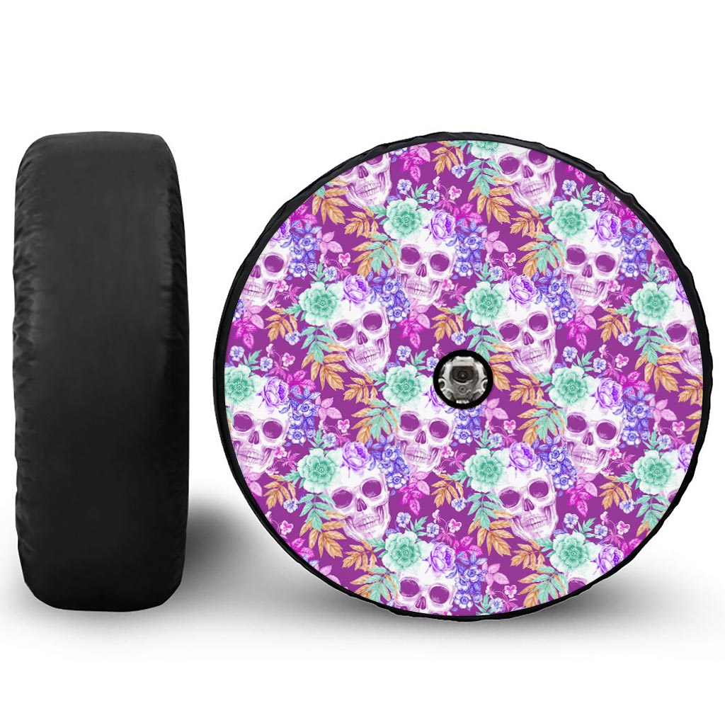 Neon Skull Floral Pattern Print Tire Cover With Camera Hole