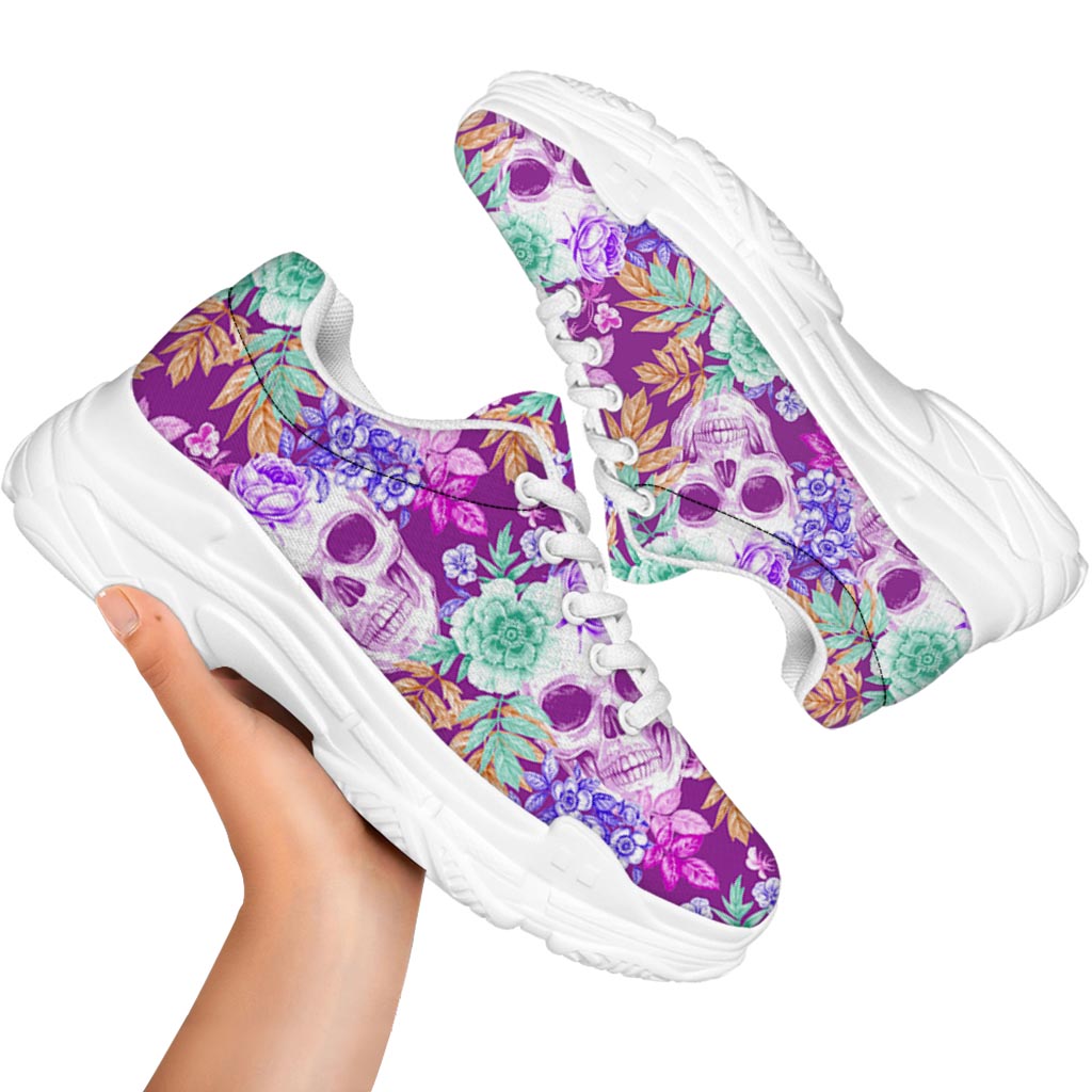 Neon Skull Floral Pattern Print White Chunky Shoes