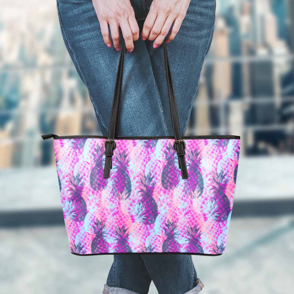 Neon Trippy Pineapple Pattern Print Leather Tote Bag