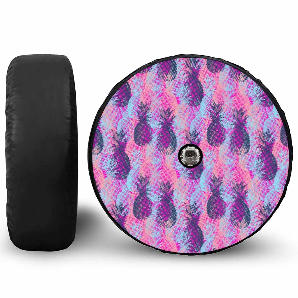 Neon Trippy Pineapple Pattern Print Tire Cover With Camera Hole