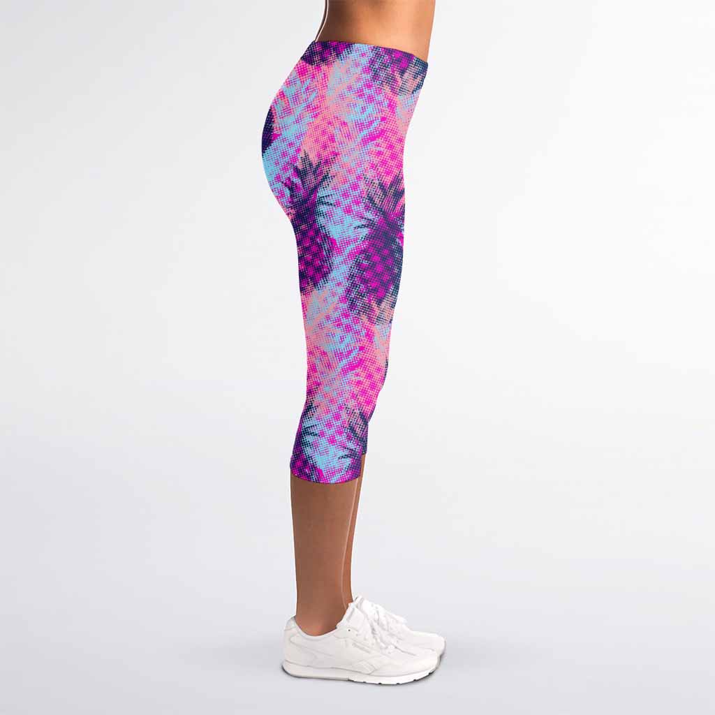 Neon Trippy Pineapple Pattern Print Women's Capri Leggings