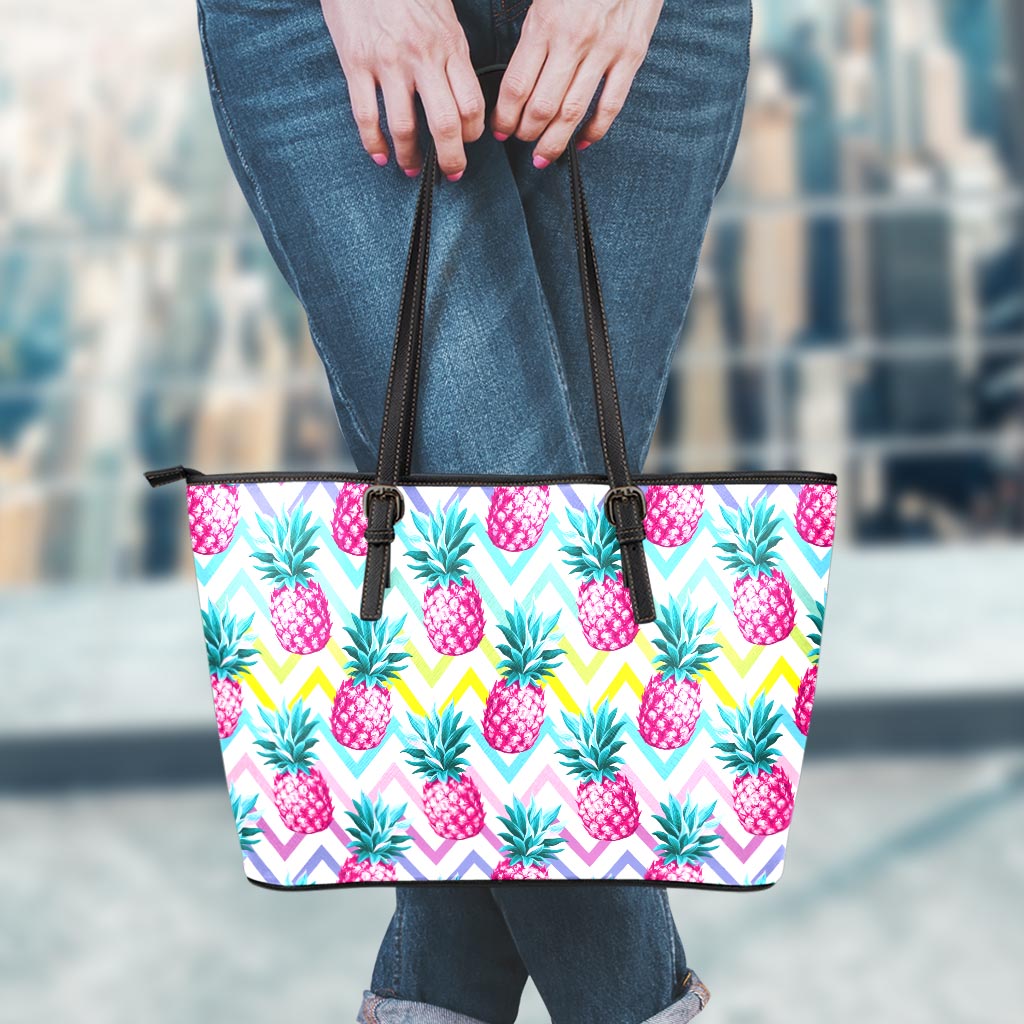 Neon Zig Zag Pineapple Pattern Print Leather Tote Bag