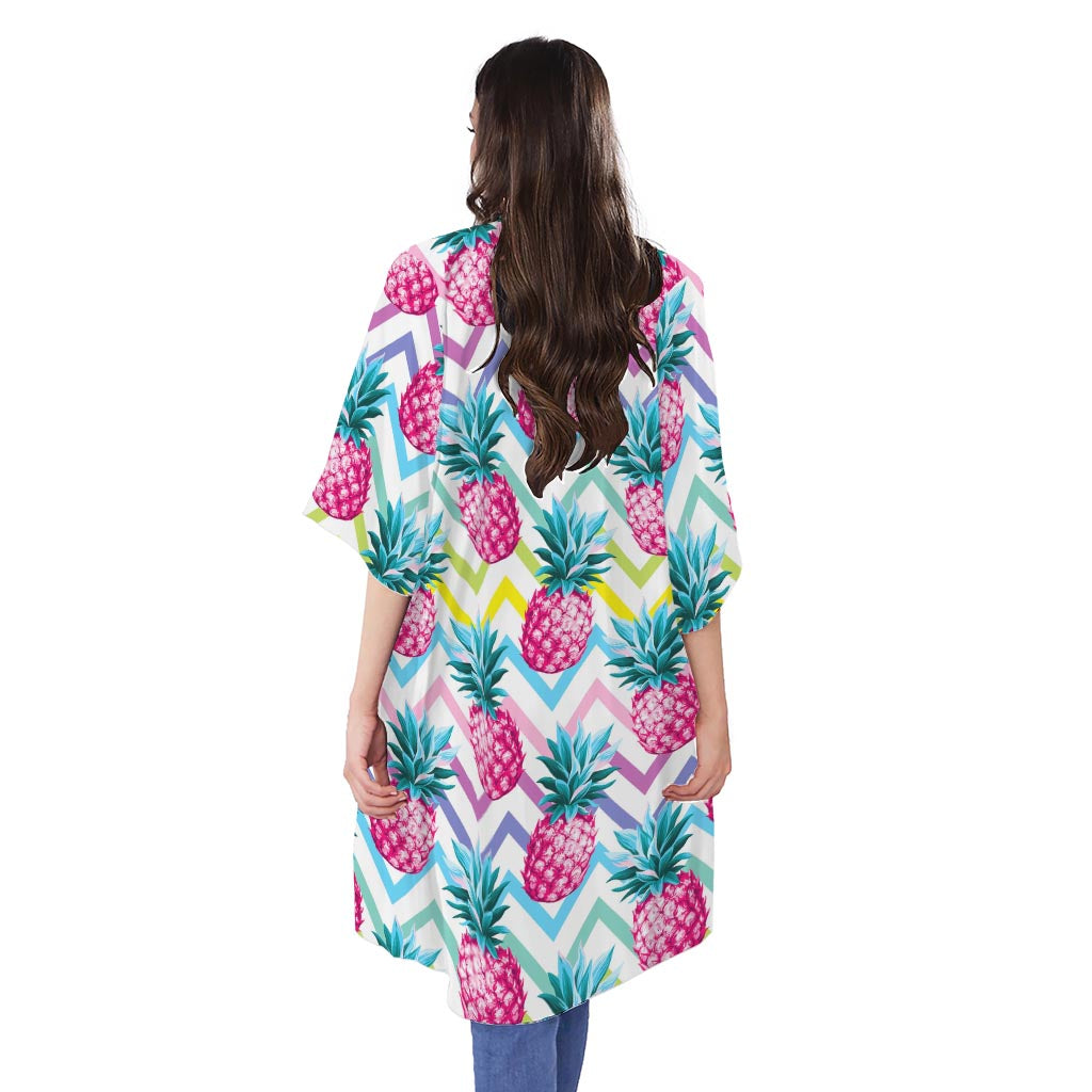 Neon Zig Zag Pineapple Pattern Print Open Front Beach Cover Up