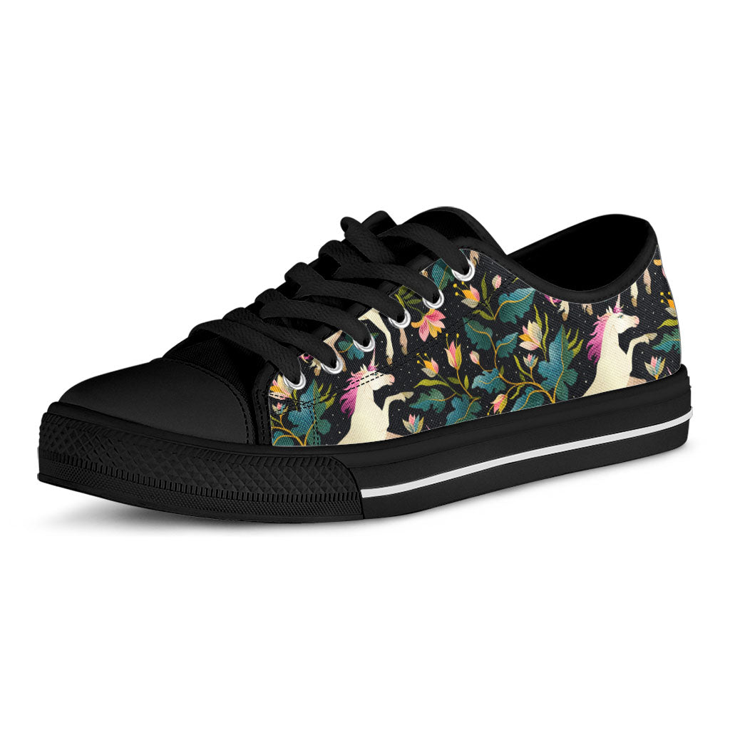 Night Floral Unicorn Pattern Print Black Low Top Sneakers
