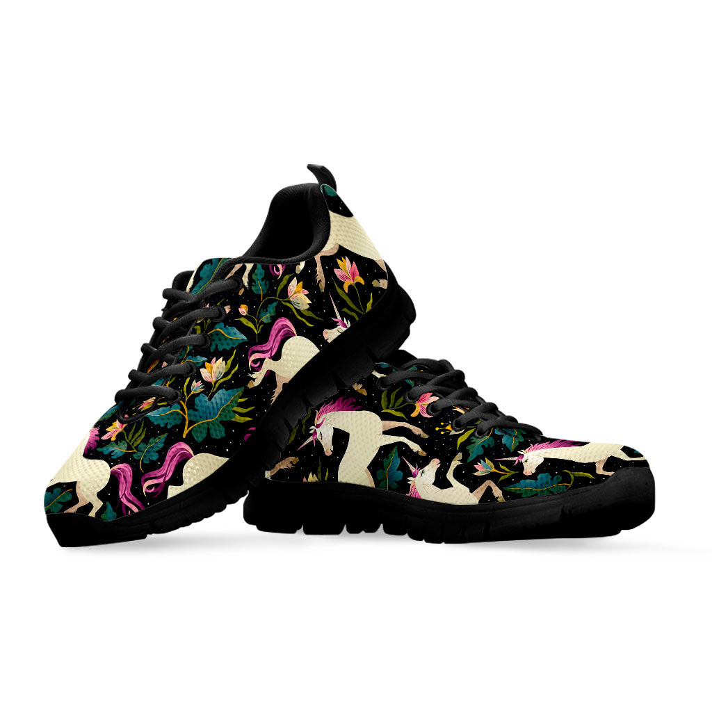 Night Floral Unicorn Pattern Print Black Running Shoes