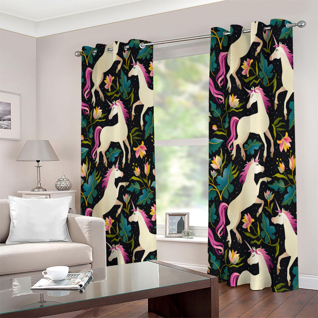 Night Floral Unicorn Pattern Print Extra Wide Grommet Curtains