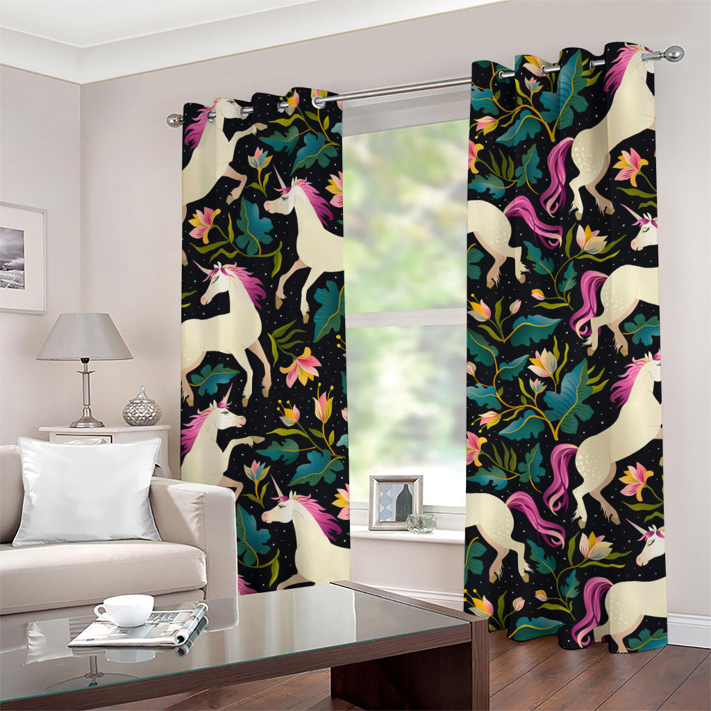 Night Floral Unicorn Pattern Print Grommet Curtains