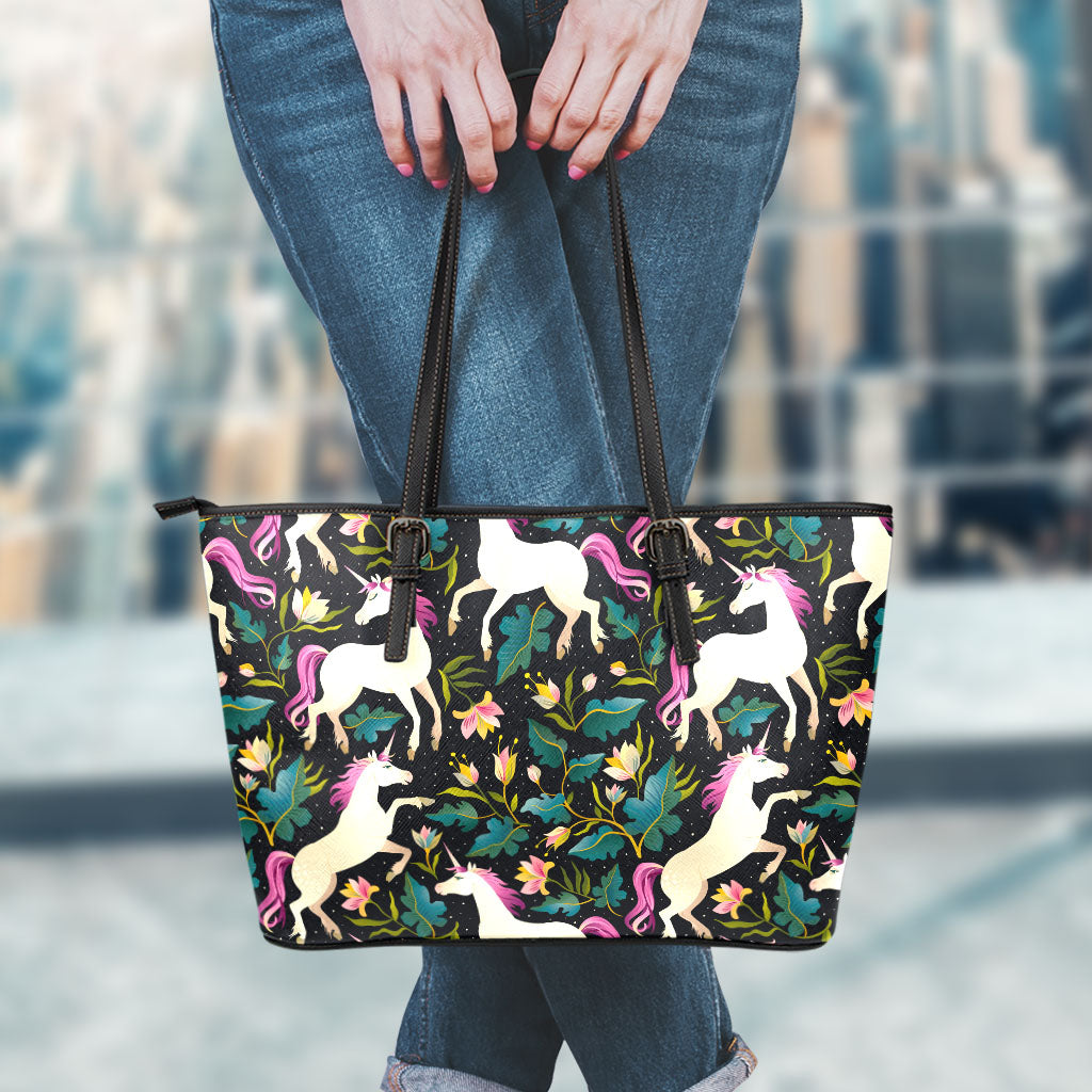 Night Floral Unicorn Pattern Print Leather Tote Bag