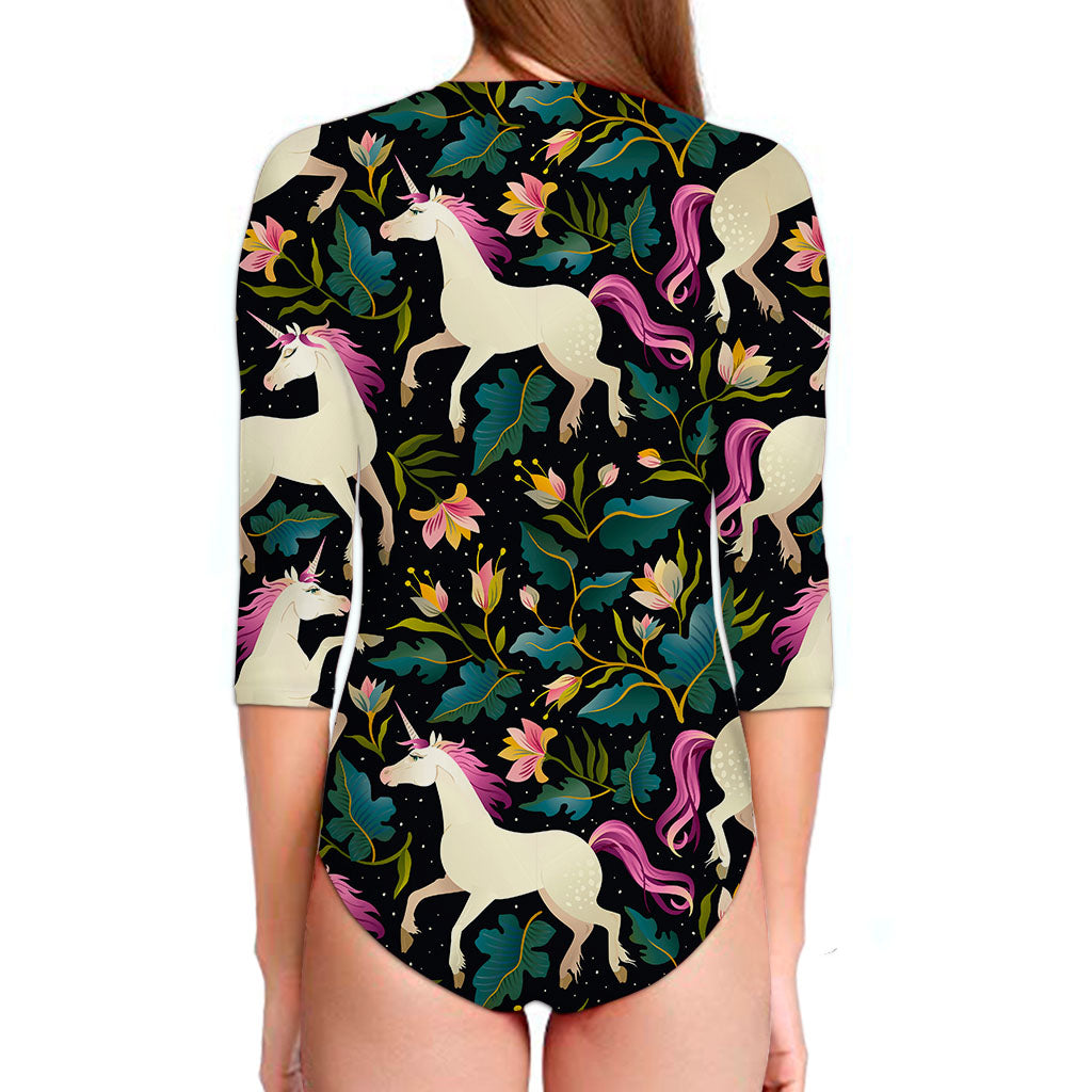 Night Floral Unicorn Pattern Print Long Sleeve Swimsuit