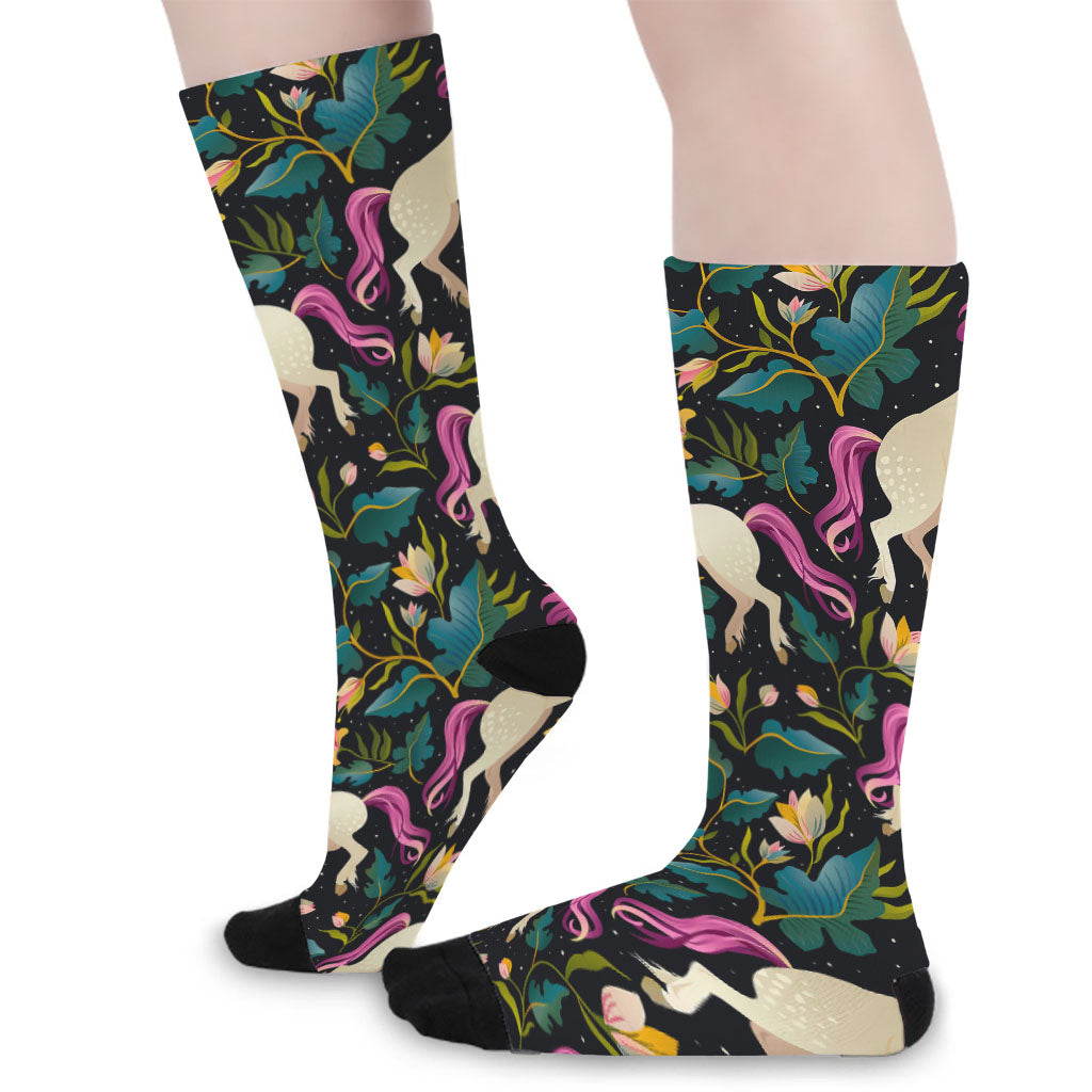 Night Floral Unicorn Pattern Print Long Socks