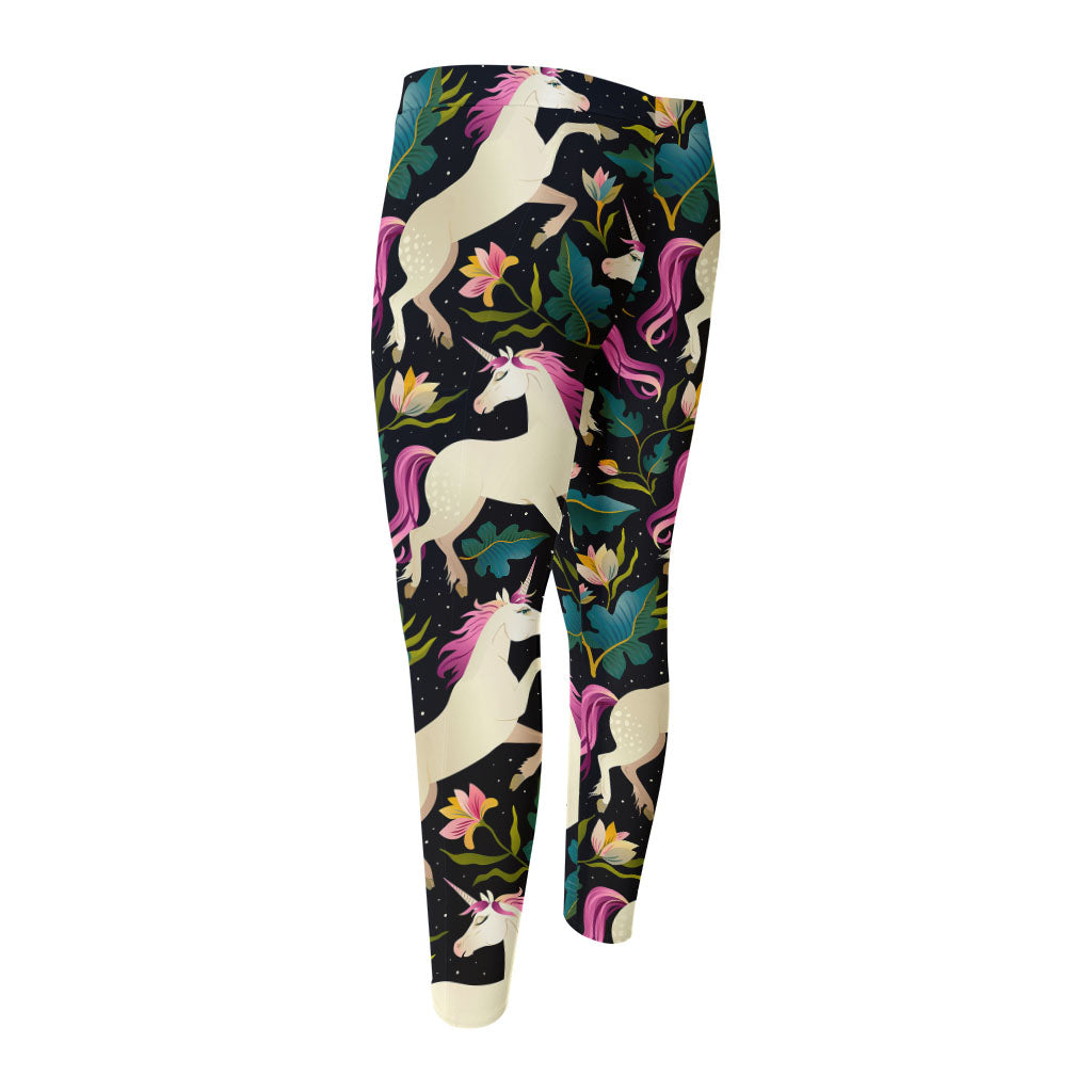 Night Floral Unicorn Pattern Print Men's Compression Pants