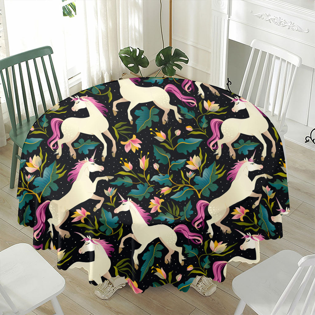 Night Floral Unicorn Pattern Print Waterproof Round Tablecloth