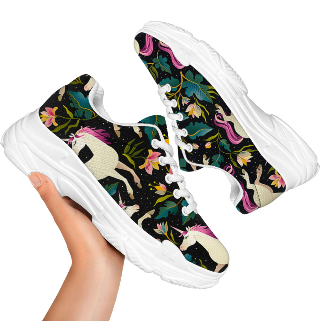 Night Floral Unicorn Pattern Print White Chunky Shoes