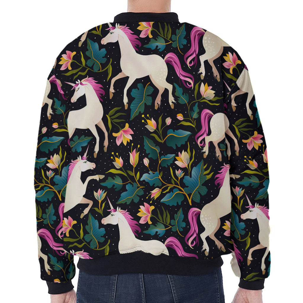 Night Floral Unicorn Pattern Print Zip Sleeve Bomber Jacket