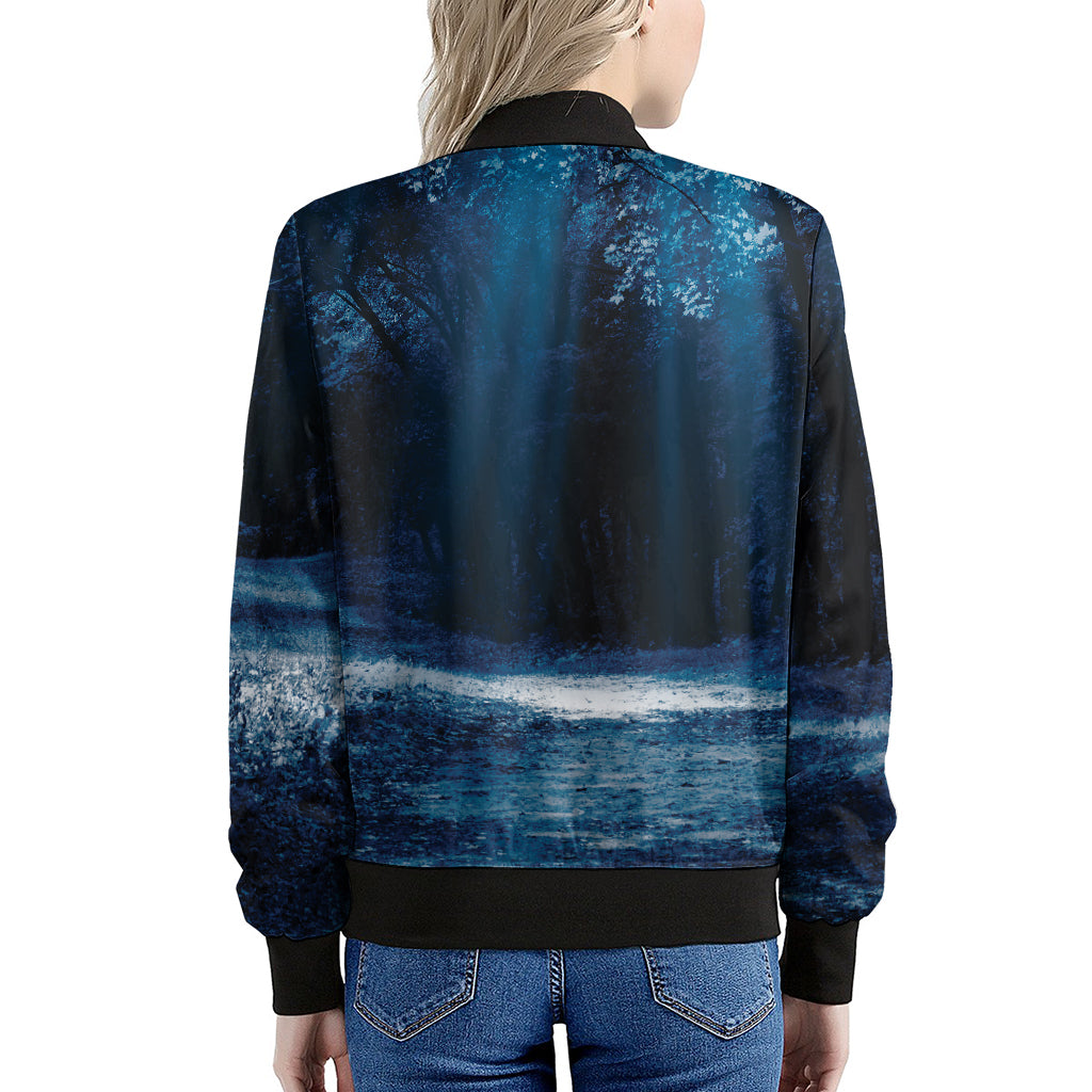 Night Forest And Moonlight Print Women's Bomber Jacket