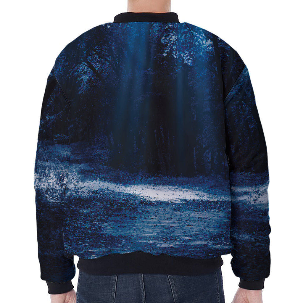 Night Forest And Moonlight Print Zip Sleeve Bomber Jacket