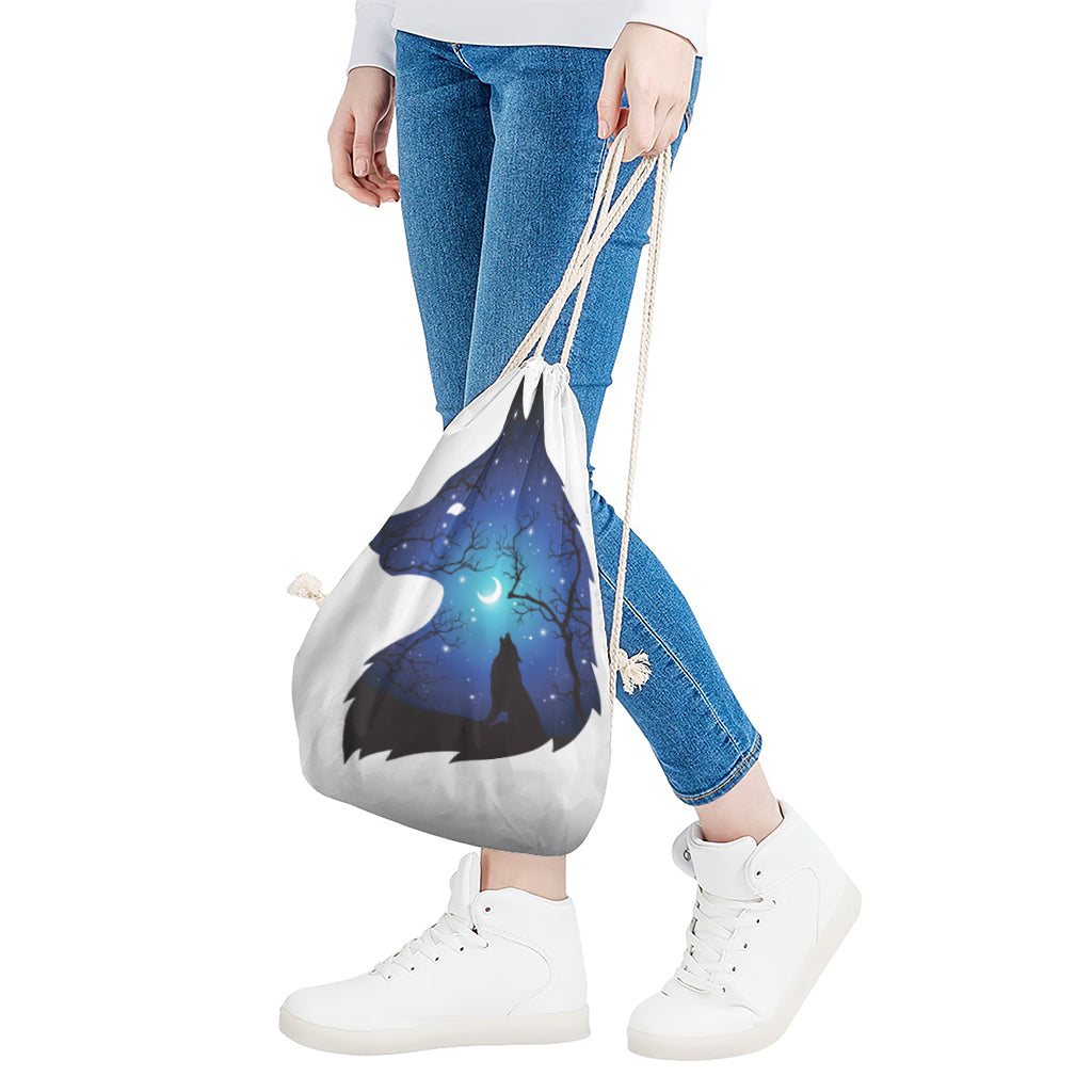 Night Forest Wolf Spirit Print Drawstring Bag