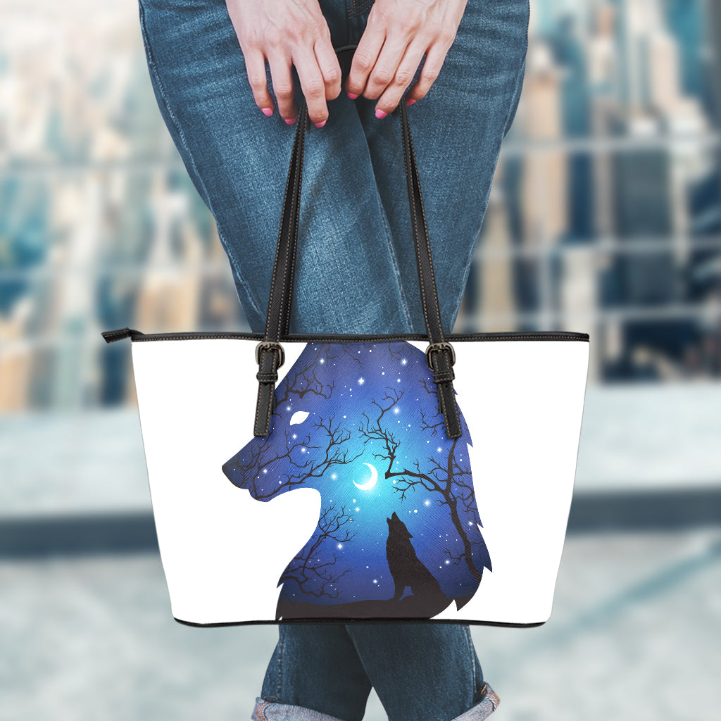 Night Forest Wolf Spirit Print Leather Tote Bag