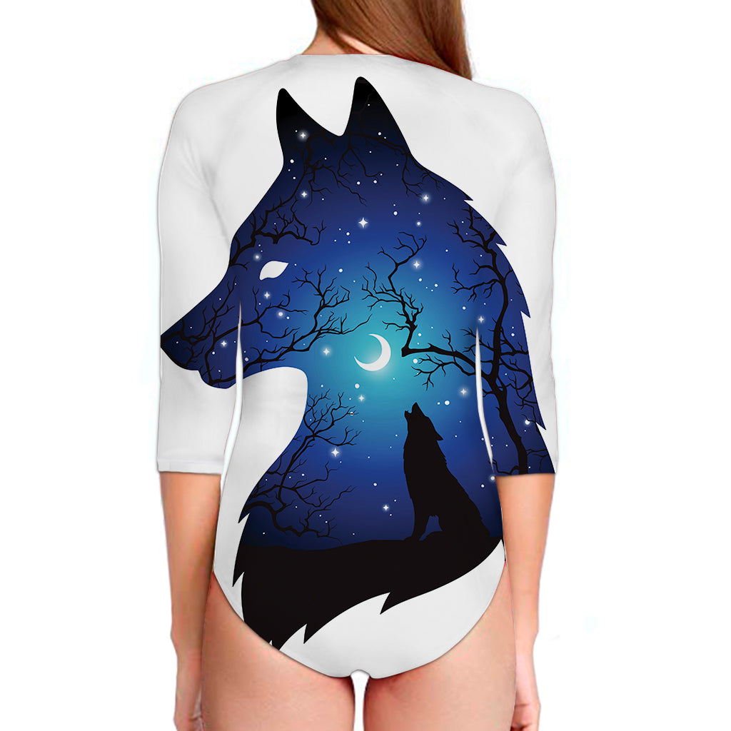 Night Forest Wolf Spirit Print Long Sleeve Swimsuit