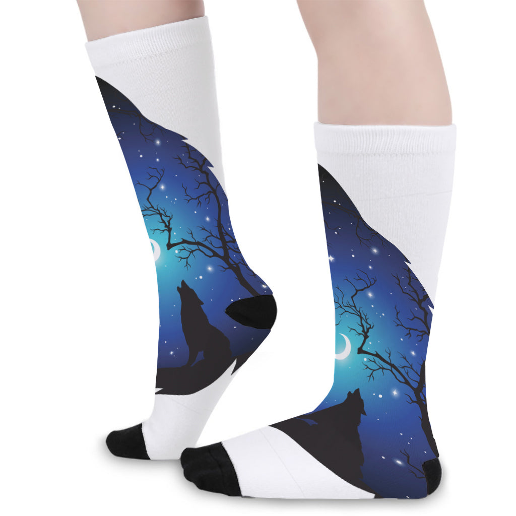 Night Forest Wolf Spirit Print Long Socks