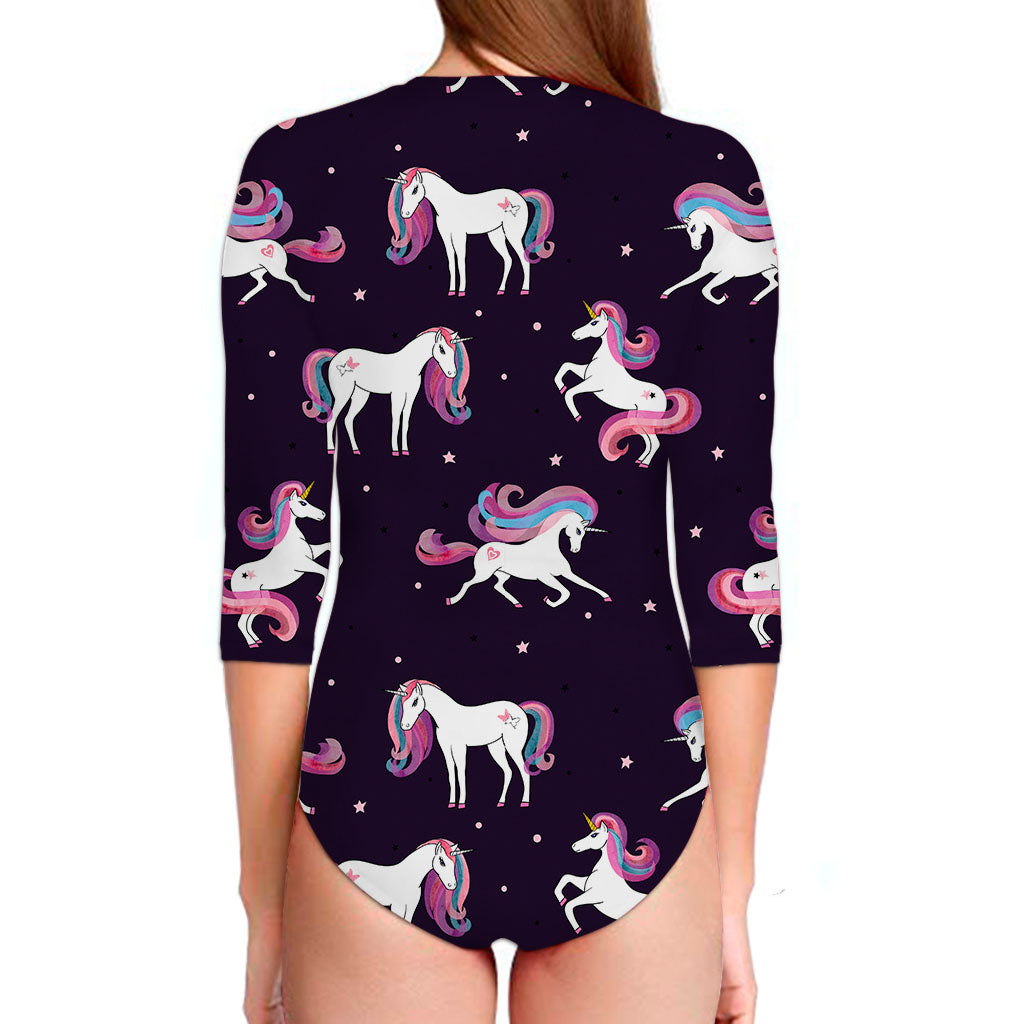 Night Girly Unicorn Pattern Print Long Sleeve Swimsuit