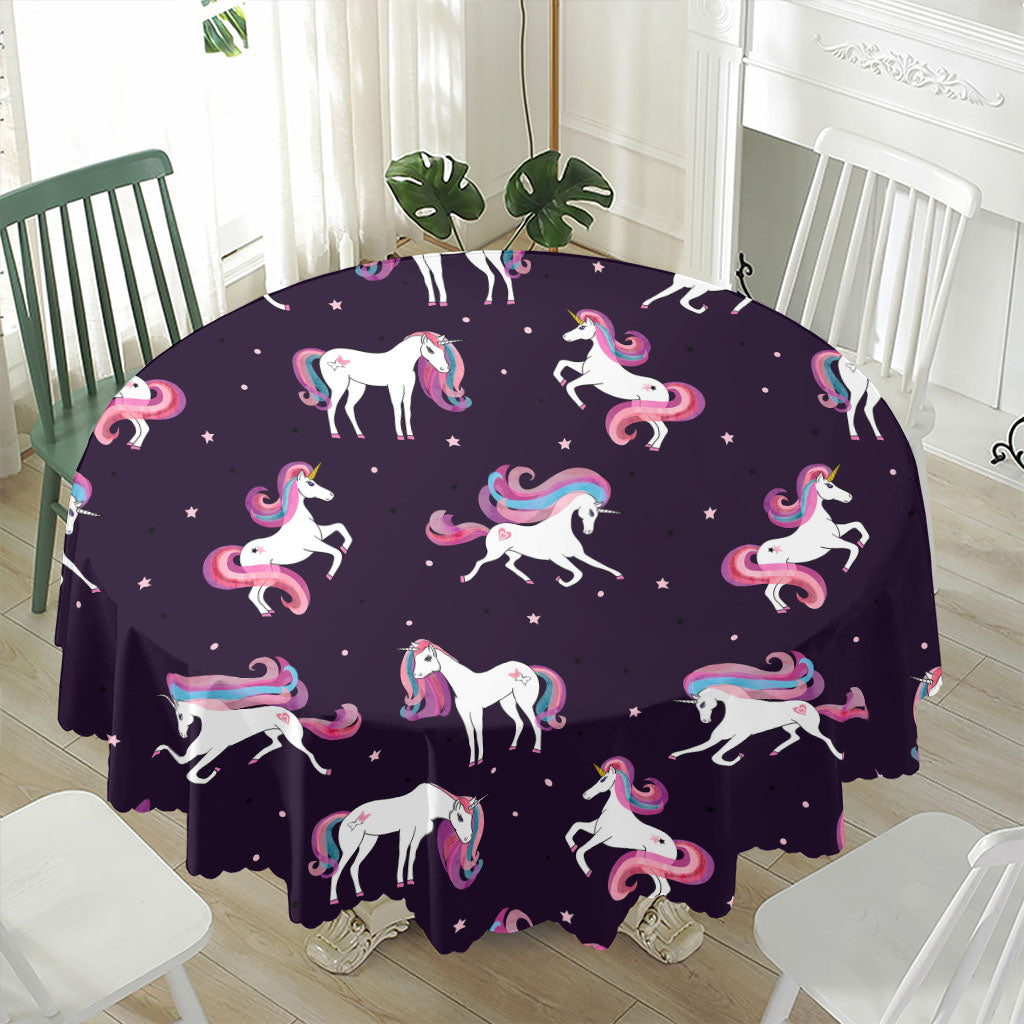 Night Girly Unicorn Pattern Print Waterproof Round Tablecloth
