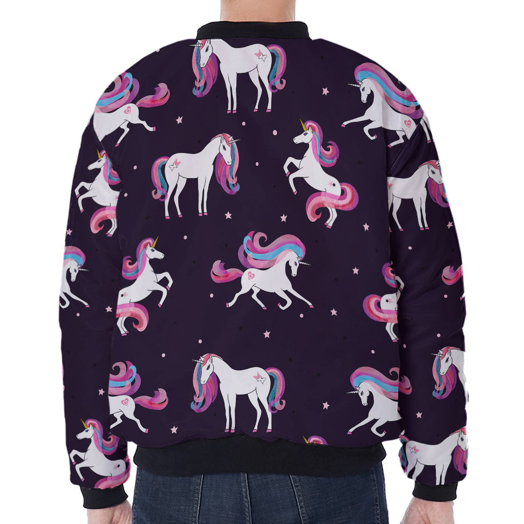 Night Girly Unicorn Pattern Print Zip Sleeve Bomber Jacket