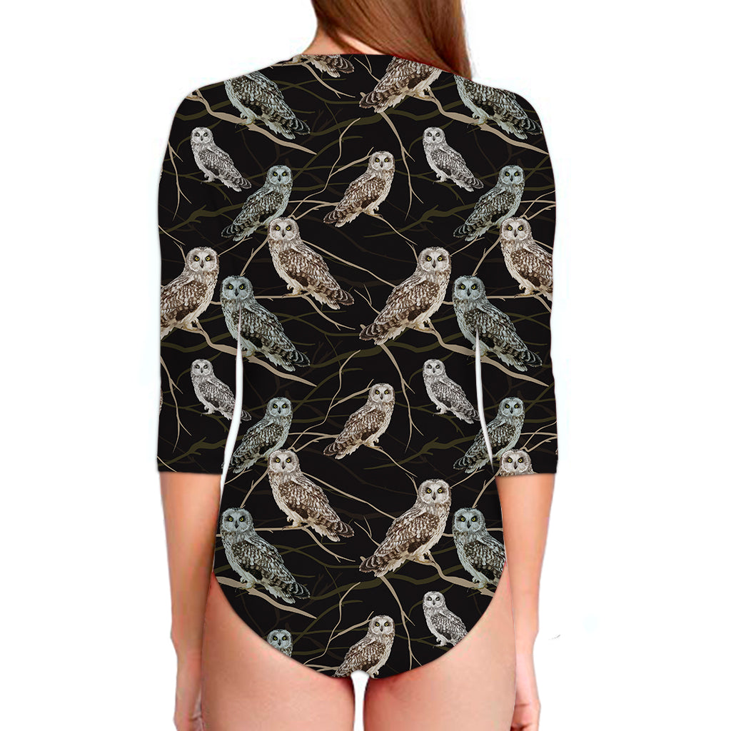 Night Owl Pattern Print Long Sleeve Swimsuit